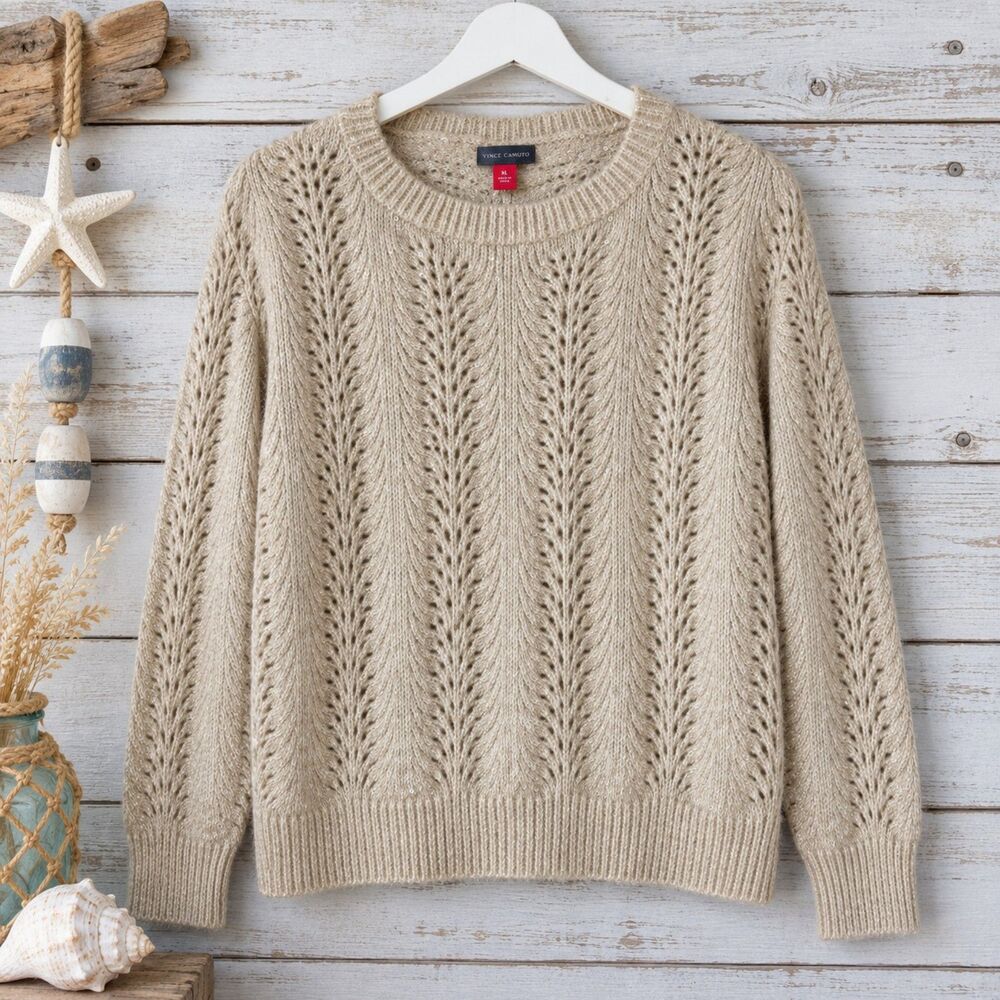 Vince Camuto Sequin Pointelle Sweater XL Champagne Silver NWT